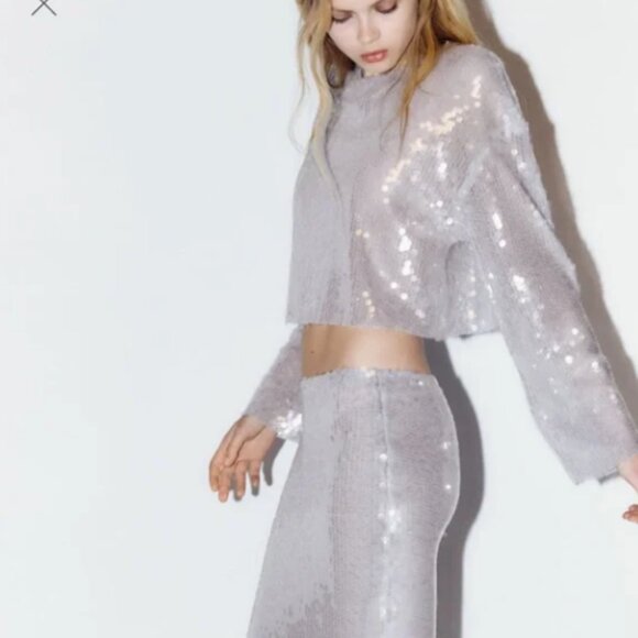 Zara NWT Sequin Long Sleeve Crop Top - Picture 2 of 7